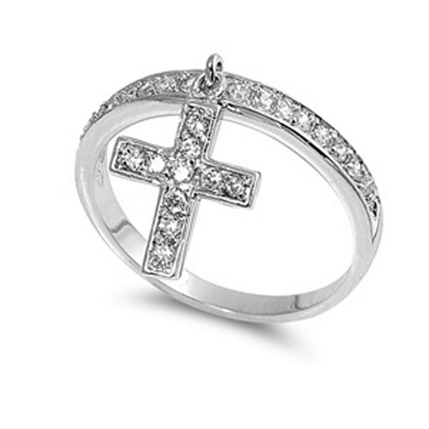 Womens 925 Sterling Silver Cubic Zirconia Double Crosses 12mm Ring 7 